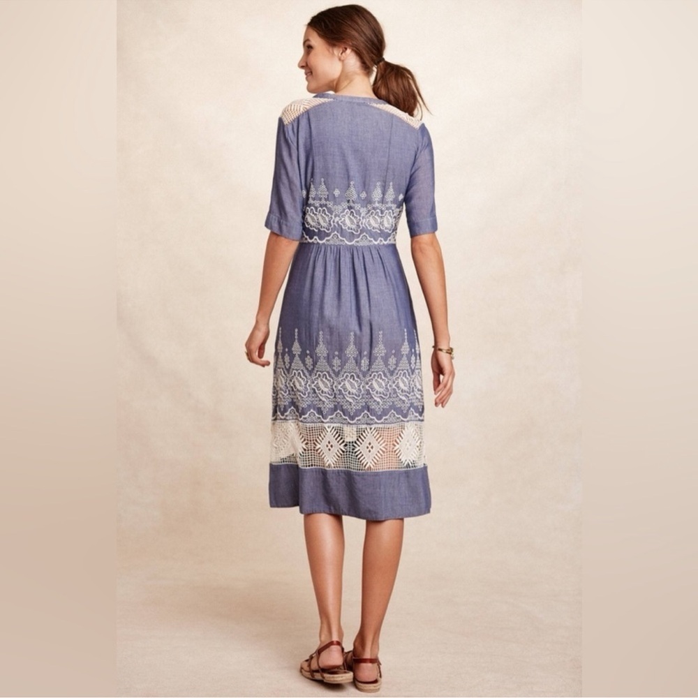 Anthropologie Moulinette Soeurs Denim Embroidered Waters Midi Dress Size 4 NWT - Picture 2 of 16